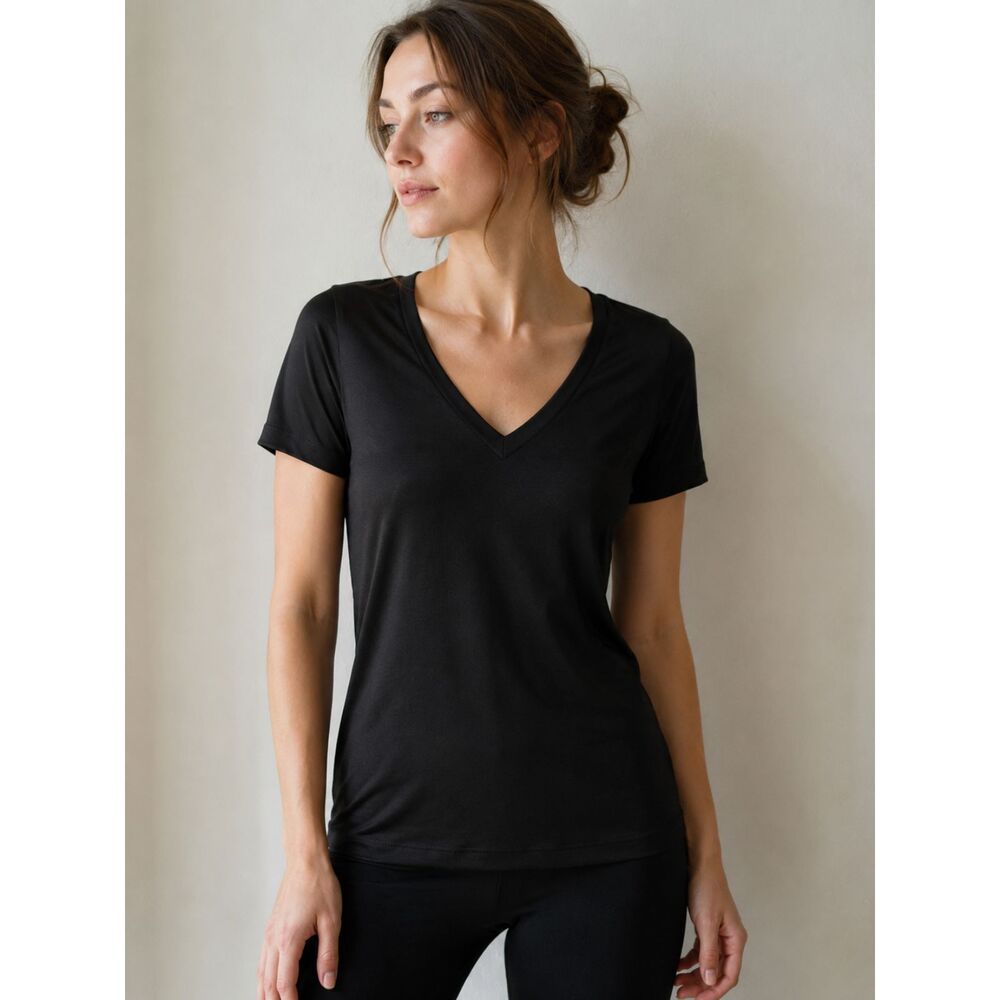 WinterSilks 100% Silk Thermal Top Black V Neck Tee Base Layer Womens L